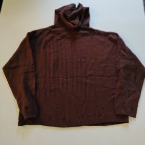 XL Brown Knit Hoodie | Distressed Eyelet Detail | Oversized Cozy Fall Sweater